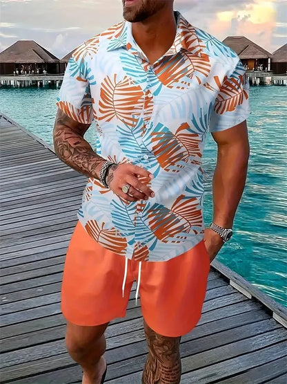 Men's Hawaii Shirt Set Men's 3D Printed Short Sleeve Shirt Shorts Two Piece Summer Beach Lapel Shirt Set Unisex Casual Clothing.