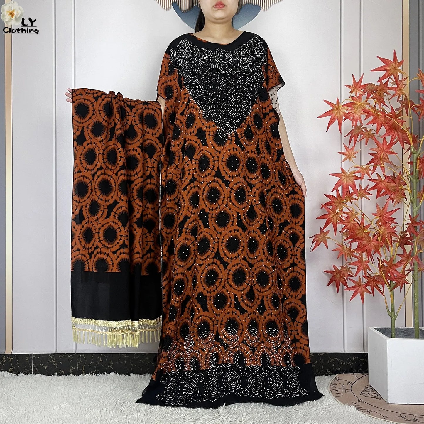 2024 New Muslim Women Dashiki Printed Dress Flower Diamonds Loose Dress With Big Scarf Islamic African Women Short Sleeve Abaya