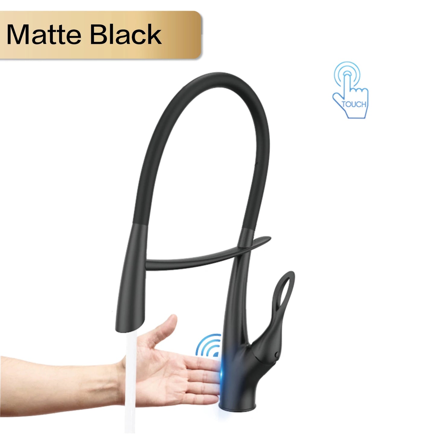 Luxuriöser Küchenarmatur aus grauem Messing in Gun-Grau mit intelligentem Touch-Design. Einhebelmischer für heißes und kaltes Wasser mit magnetischer Saugkraft