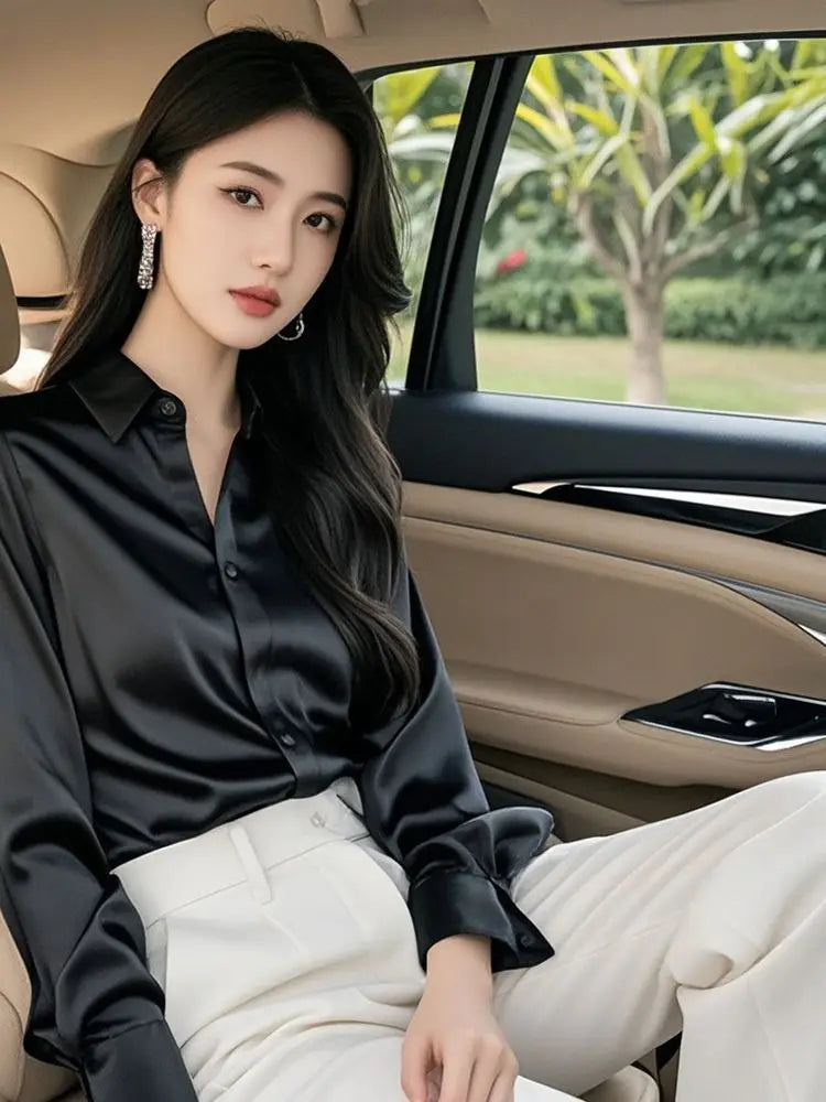 Elegant Silk Office Shirts Women Korean Fashion Y2k Clothes Slim Long Sleeve White Black Blusas Mujer Workwear Tops and Blouses
