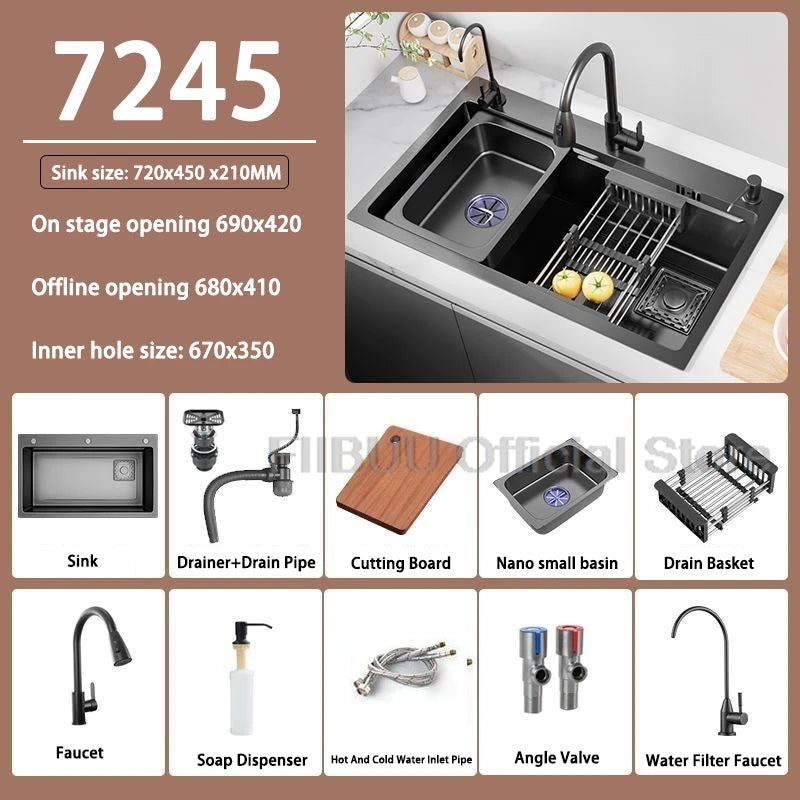 Küchenspüle, verdickter Edelstahl 304, doppelspurig, abgestuft, multifunktional, großer Einzelschlitz, Wasch-/Schnitt-/Abfluss in einem kompletten Satz