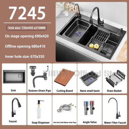 Küchenspüle, verdickter Edelstahl 304, doppelspurig, abgestuft, multifunktional, großer Einzelschlitz, Wasch-/Schnitt-/Abfluss in einem kompletten Satz