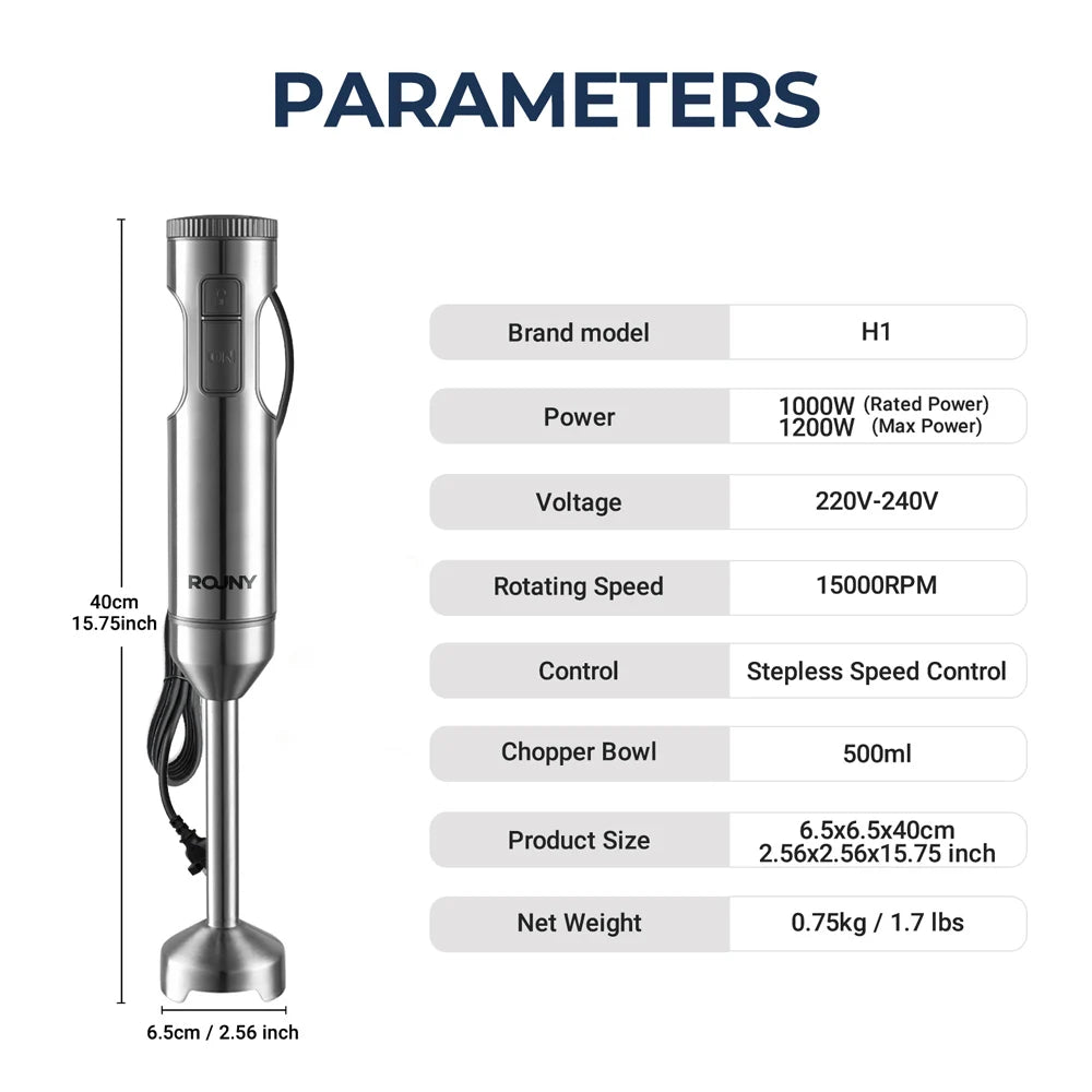ROUNY 4-in-1 Hand Immersion Blender 1000W Powerful, Stainless Steel Stick Food Mixer,700ml Mixing Beaker,500ml Processor, Whisk.