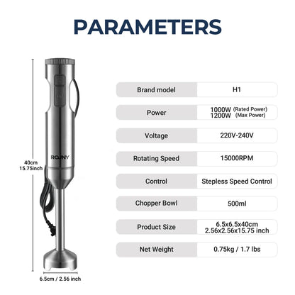ROUNY 4-in-1 Hand Immersion Blender 1000W Powerful, Stainless Steel Stick Food Mixer,700ml Mixing Beaker,500ml Processor, Whisk.