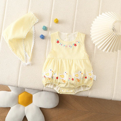 0–2 Jahre Neugeborene Kinder, bezaubernder Baby-Mädchen-Strampler aus Baumwollgaze, gelb kariert, bezauberndes besticktes Enten-Design – weich und süß