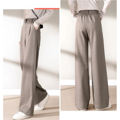 2024 Autumn Winter Women Concise Woolen Pants Lady Wide Leg Designer Outside Trousers Female Thicken High Waisted Draping Pants.