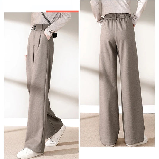 2024 Autumn Winter Women Concise Woolen Pants Lady Wide Leg Designer Outside Trousers Female Thicken High Waisted Draping Pants.