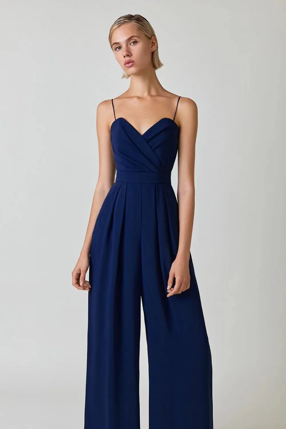 2023 Spring Chiffon Sexy Joker Solid Elegant Spaghetti Strap European and American Women's High Waist Wide Leg Jumpsuits.