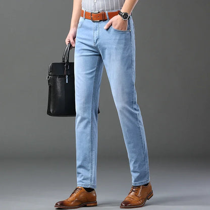 Spring Autumn Business Men Jeans Casual Straight Stretch Fashion Classic Black Sky Blue Grey Work Denim Trousers Brand Clothing.