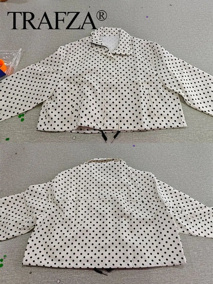 TRAFZA Herbst Polka Dot Gedruckt Jacke Für Frauen Lange Ärmel Rollkragen Zipper Mit Taschen Kordelzug Lose Vintage Mäntel