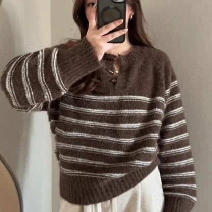 Striped Pullover Sweater Women Knitted Shirts Autumn Winter Female Fashion O-neck Knitwear Long Sleeve Casual Sweaters Knit Tops.