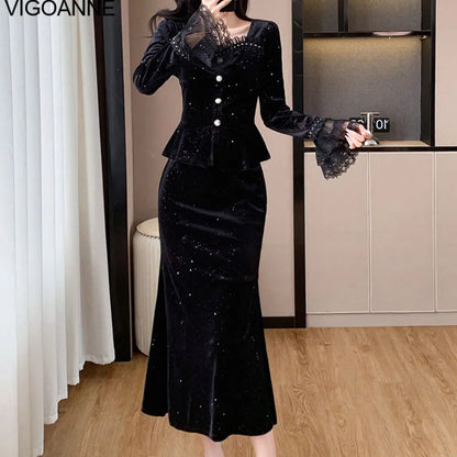 VigoAnne 2025 Black Long Sleeve Top And High Waist Korean Skirt 2 Piece Sets Woman Spring Autumn Velvet Long Dress Suit Ladies.
