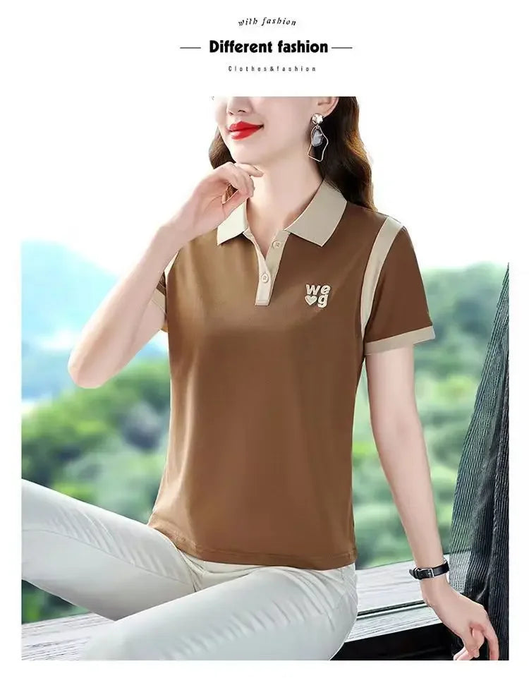 Fashionable Short Sleeve Polo Shirt Women's Summer Sporty Hong Kong Style Top High End Mixed Fabric Slim Fit T-Shirt