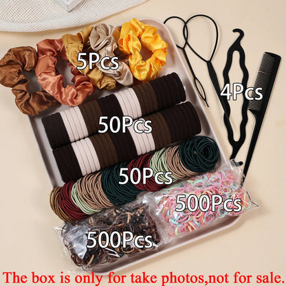 1109pcs Women Dark Hair Accessories Set Elastic Seamless Ponytail Scrunchies Small Rubber Bands Fashion Hair Ties Headbands.