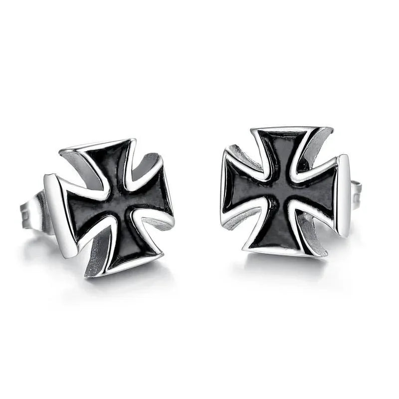 New 2PCS Men's Knights Simple Cross Stud Earrings Templar Knight Ear Studs Stainless Steel Crucifix Male Jewelry Gifts.