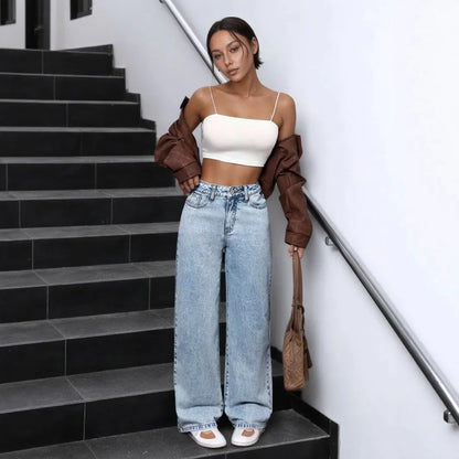 High Waist Straight Leg Women's Jeans Rhinestone Washed INS Style Imported New Model Blue Denim Trousers Female Fashion.