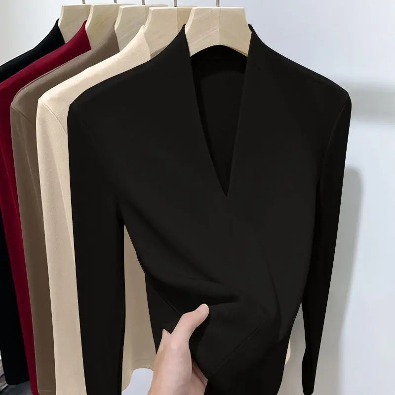 Herbst Winter Neue T-Shirts Frauen Solide V-ausschnitt Plus Samt Verdicken Warme Mode Langarm Schlank Pullover Bodenbildung Shirt Tops