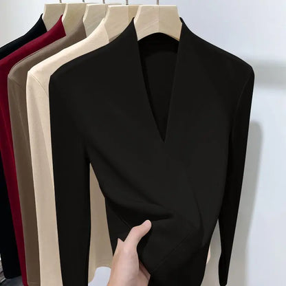 Herbst Winter Neue T-Shirts Frauen Solide V-ausschnitt Plus Samt Verdicken Warme Mode Langarm Schlank Pullover Bodenbildung Shirt Tops