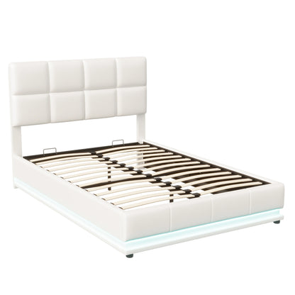 Comanlai Polsterbett 140 x 200 cm mit LED-Leuchten, hydraulisches Bett mit Stauraum, Doppelbett mit Lattenrost, Kunstleder, weiß
