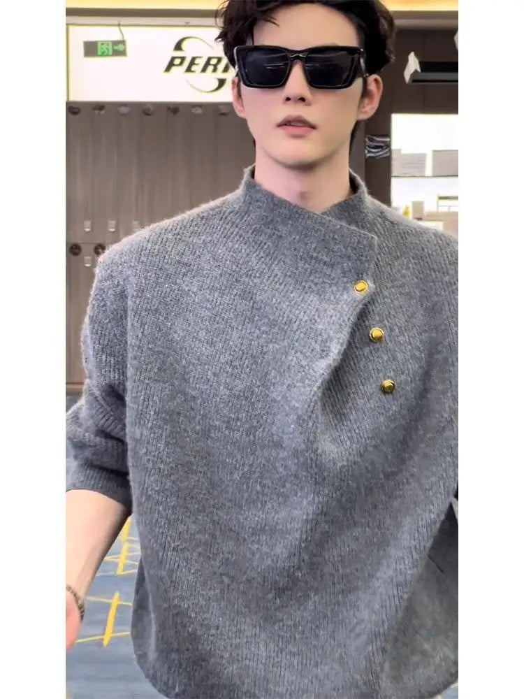 Irregular Button Turtleneck Sweater Men's Autumn and Winter Fashion Brand.