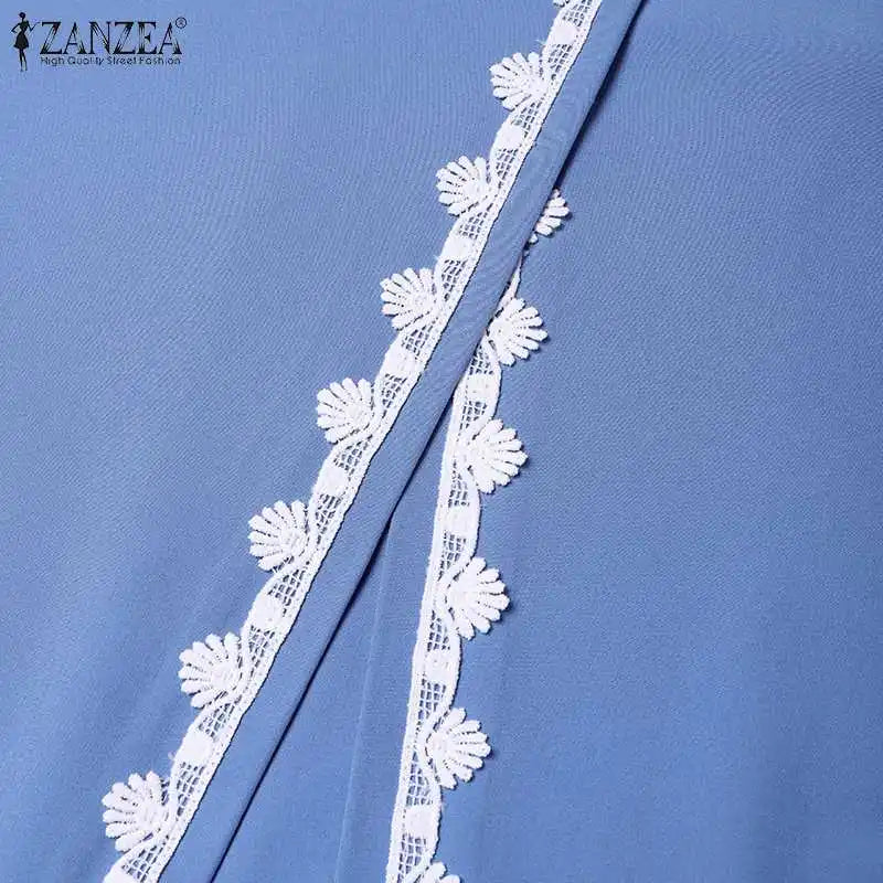 ZANZEA Autumn Women Long Sleeve O Neck Muslim Maxi Dress Kaftan Elegant Lace Crochet Loose Turkey Abaya Vestidos Islamic Dresses