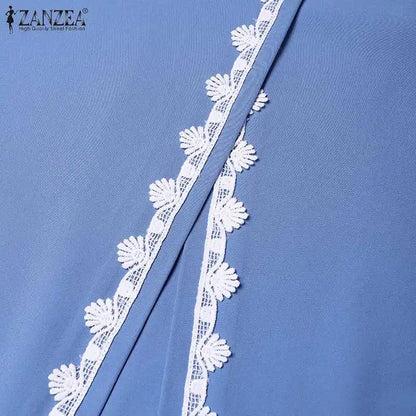 ZANZEA Autumn Women Long Sleeve O Neck Muslim Maxi Dress Kaftan Elegant Lace Crochet Loose Turkey Abaya Vestidos Islamic Dresses