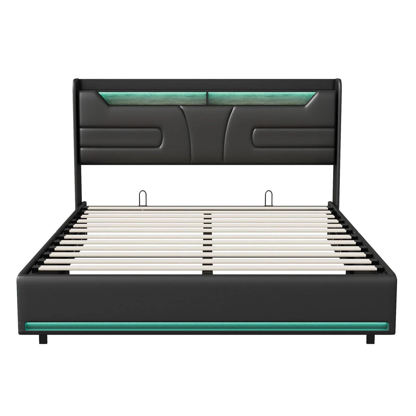 Lazyspace Schwarzes PU-Bett mit Stauraum, Kopfteil mit LED-Bettrahmen, gepolstertes Druckstangenbett mit Stauraum, Schlafzimmermöbel