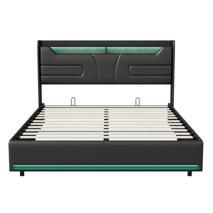 Lazyspace Schwarzes PU-Bett mit Stauraum, Kopfteil mit LED-Bettrahmen, gepolstertes Druckstangenbett mit Stauraum, Schlafzimmermöbel