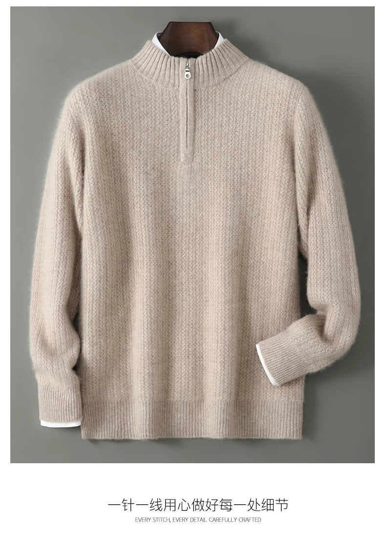 Men's 100% Merino Wool Thicken Sweater Half Zipper Mock Collar Pullover Autumn Winter Cashmere Knitwear Business Casual Clothing.