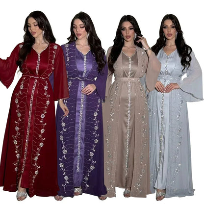 Autumn Fashion Muslim Dresses for Women Muslim Long Sleeve V-neck Party Evening Long Abay Dress Suit Inner and Abaya Outfits.