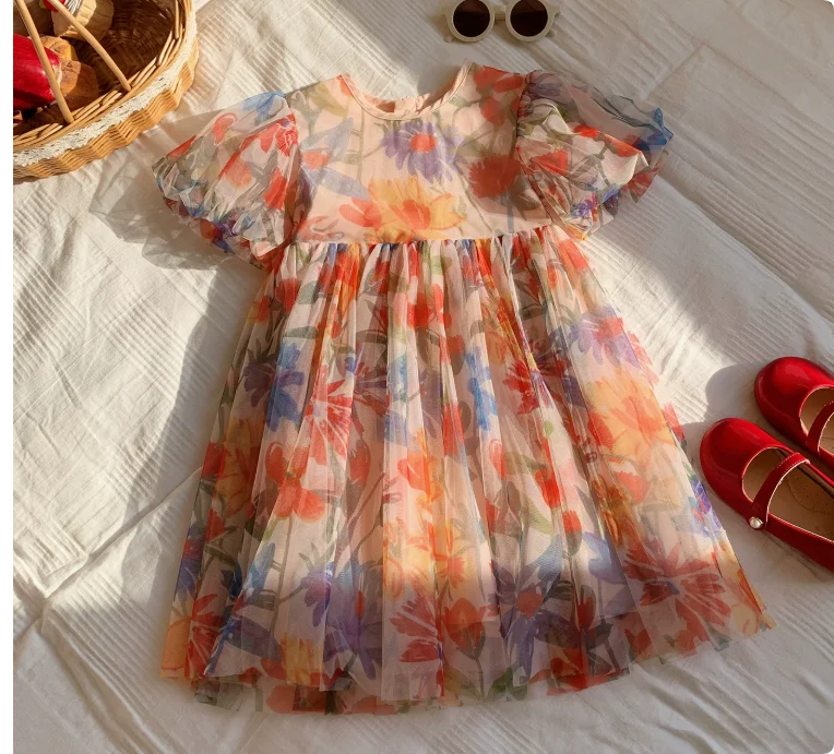 2023 sommer Kinder Kleidung Puff Sleeve Blumen Druck Kleid Für Mädchen Mesh Kinder Kleid für Mädchen.