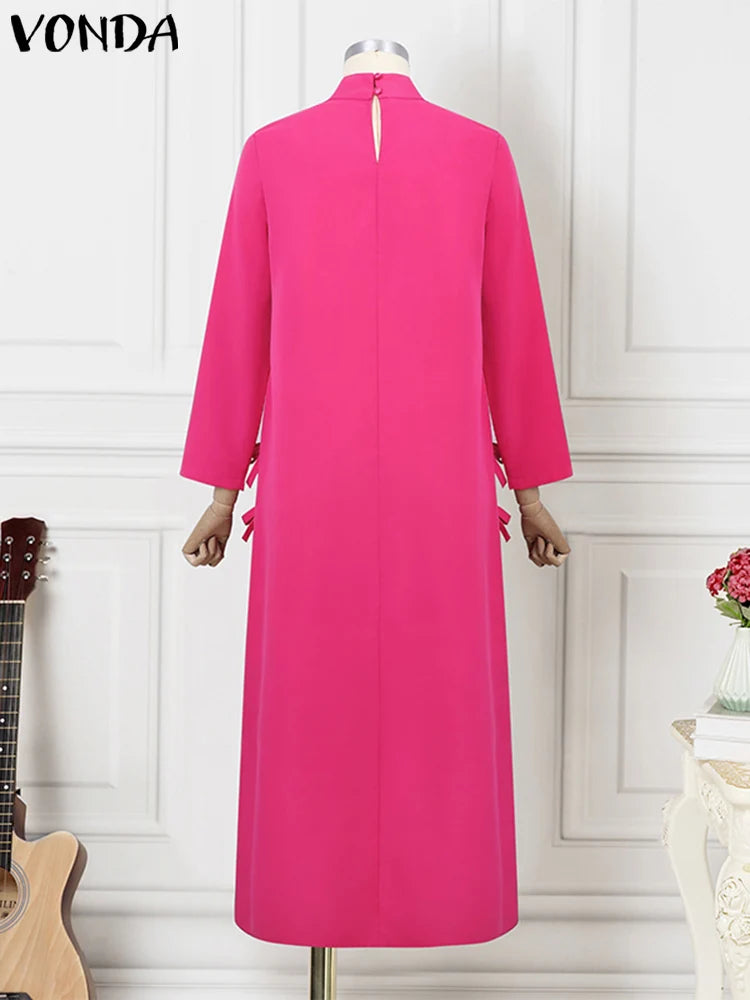 Plus Größe VONDA Frauen Lange Maxi Roben Kleid 2024, Elegante Chinesische Stil Bowknot Stehkragen Party Schlitz Sommerkleid Vintage Vestidos.