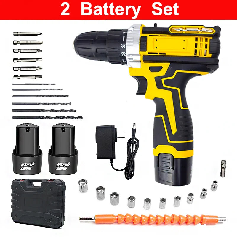 1 oder 2 Batterien Lithium-Bohrmaschine Elektroschrauber Handbohrmaschine Elektrowerkzeug-Set Multifunktionale Zubehörbox