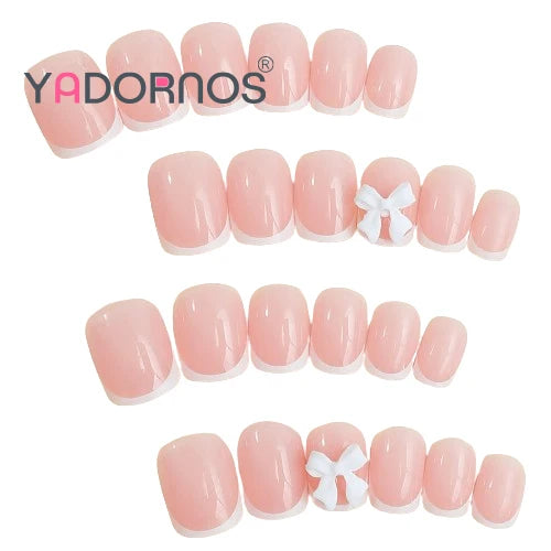 White French Press on Nails 3D Bowknot Fake Nails Tips Full Cover Wearable False Nails for Women and Girls DIY Manicure 24Pcs.