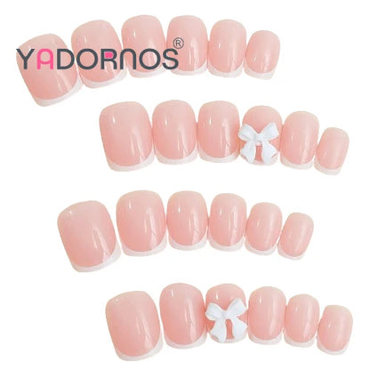 White French Press on Nails 3D Bowknot Fake Nails Tips Full Cover Wearable False Nails for Women and Girls DIY Manicure 24Pcs.