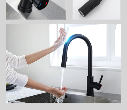 DQOK Küche Wasserhahn Ziehen Gebürstet Nickel Sensor Edelstahl Schwarz Smart Induktion Mixed Tap Touch Control Waschbecken Tap