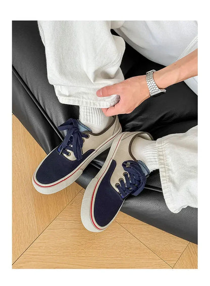 Boys' Casual Canvas Skateboard Shoes with Patchwork Low Cut Shoes Men's Minimalist Fashion Sneakers Trendy Lace Up Flat Bottom.