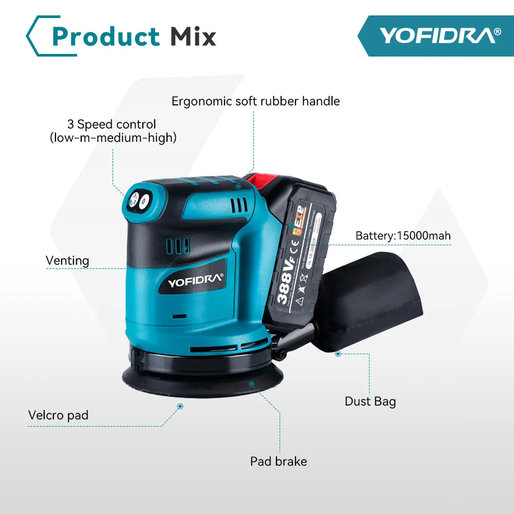 YOFIDRA Elektrische Exzenterschleifer 125 MM Akku-schleifen Schleifen Polieren Maschine Holzbearbeitung Power Tool Für Makita Batterie Pin
