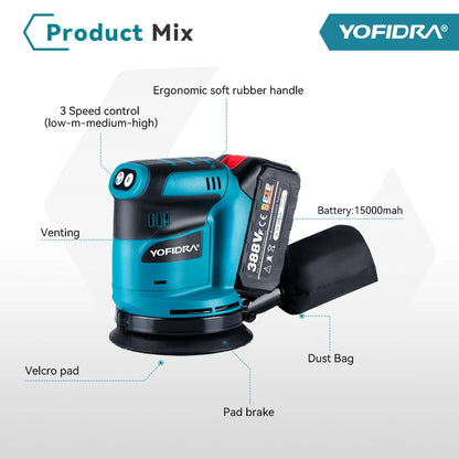 YOFIDRA Elektrische Exzenterschleifer 125 MM Akku-schleifen Schleifen Polieren Maschine Holzbearbeitung Power Tool Für Makita Batterie Pin