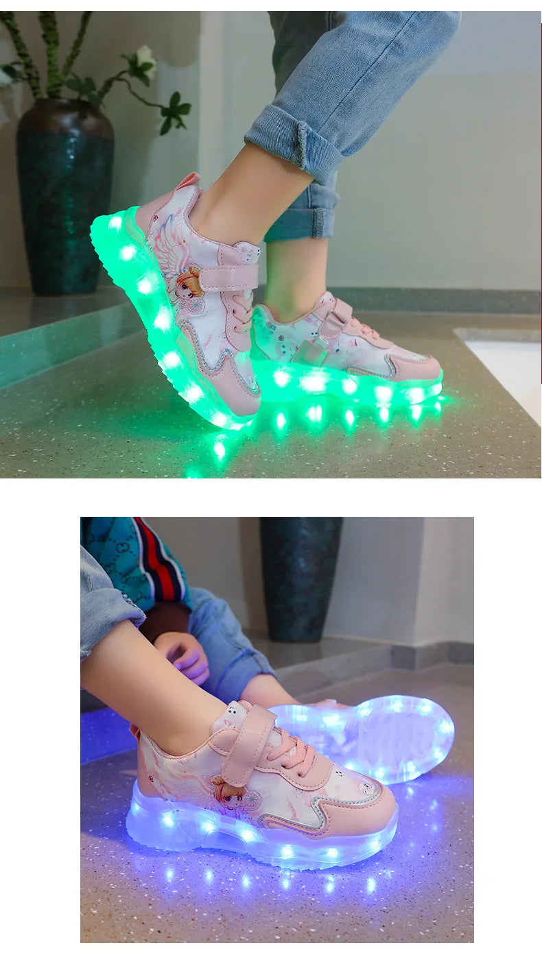 Disney Children's Casual Shoes LED Rechargeable Luminescent Shoes  Cartoon Princess Elsa Girls Pink Sports Sneakers Size 26-35.
