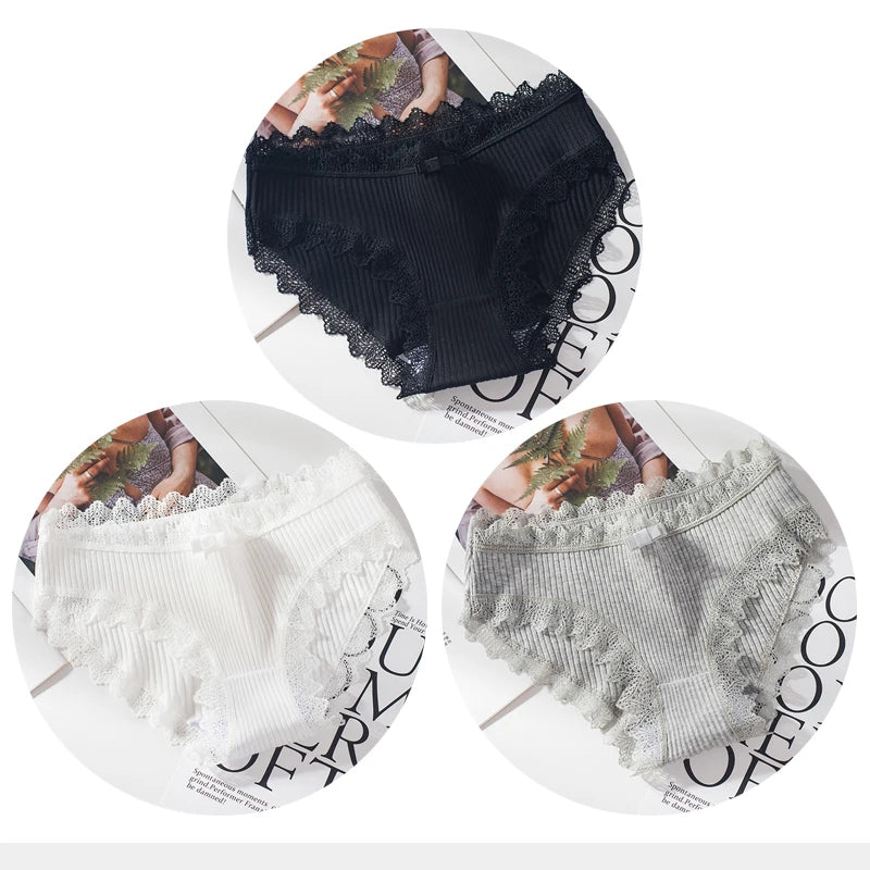 Cotton Panties Woman Sexy Lace Briefs Fashion Solid Color knickers Girls Bow Underpants Set Underwear 3 Pcs/lot.