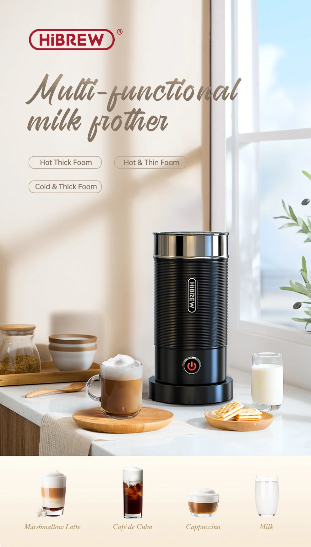 HiBREW Milk Frother Frothing Foamer Chocolate Mixer Cold/Hot Latte Cappuccino fully automatic Milk Warmer Cool Touch M1A.