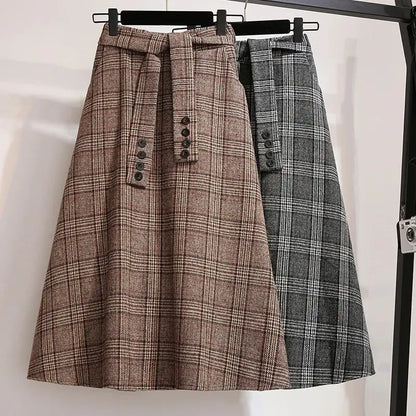Khaki Plaid Vintage A-line High Waist Lace Up Buttons Loose Women's Skirt Mid-Calf Long Skirts For Women Clothing Fashion 2024.
