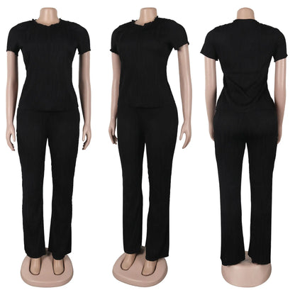 Two Piece Sets Women Pants Set Matching Sets Short Sleeve Solid Casual Tops Long Pants High Waist Bodycon Y2k Streetwear 2025.