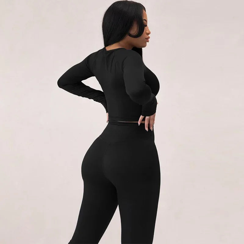 2024 Summer Fashionable Long Sleeve Women's Clothing Slimming High Elasticity Sports Leggings Suit Street Style Wholesale.