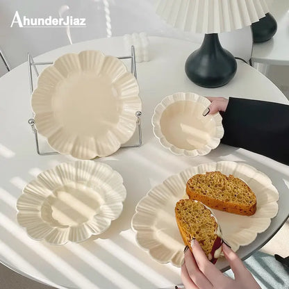 Ahunderjiaz-French Beige Ceramic Tableware Set, Underglaze Dessert Tray, Rice Bowl, Fish Plate, Kitchen Tableware Set, Cream Sty.