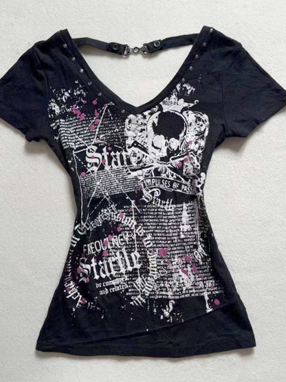 2025 Ropa Mujer Summer Tshirts for Women V-neck Short Sleeve Tunic Camisetas Pink Print Tees Crop Tops Casual Chic Y2k T-shirt.