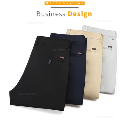 Bamboo Fiber Fabric Men's Casual Pants Summer New Ultra-thin Elastic Soft Straight Business Trousers Classic Black Khaki Gray.