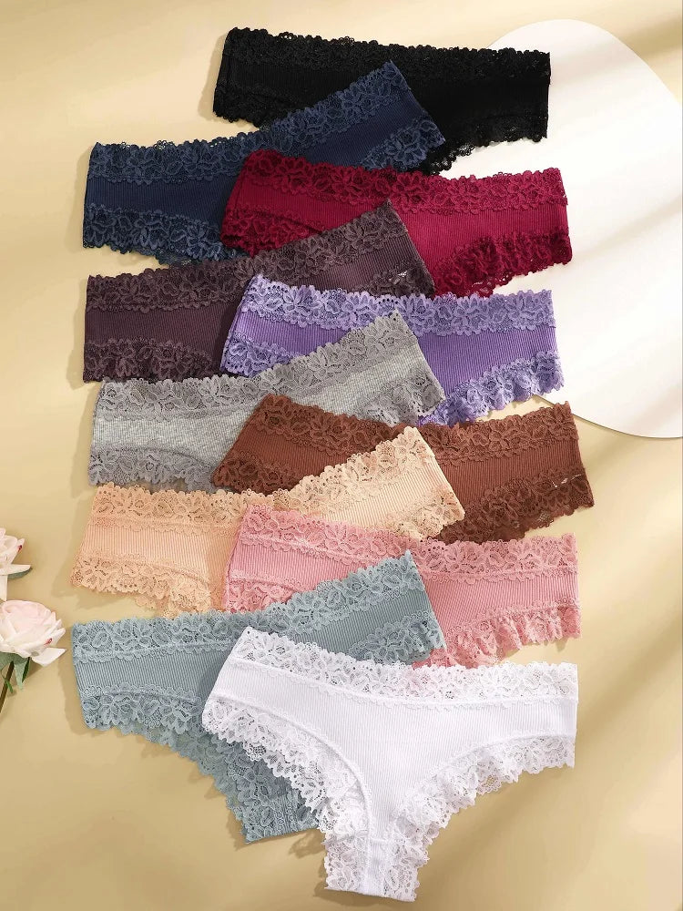 11PCS Women Lace Cotton Panties Seamless Brazilian Panties Sexy Low-Waist T-Back Bikini Female Breathable Underwear Lingerie.