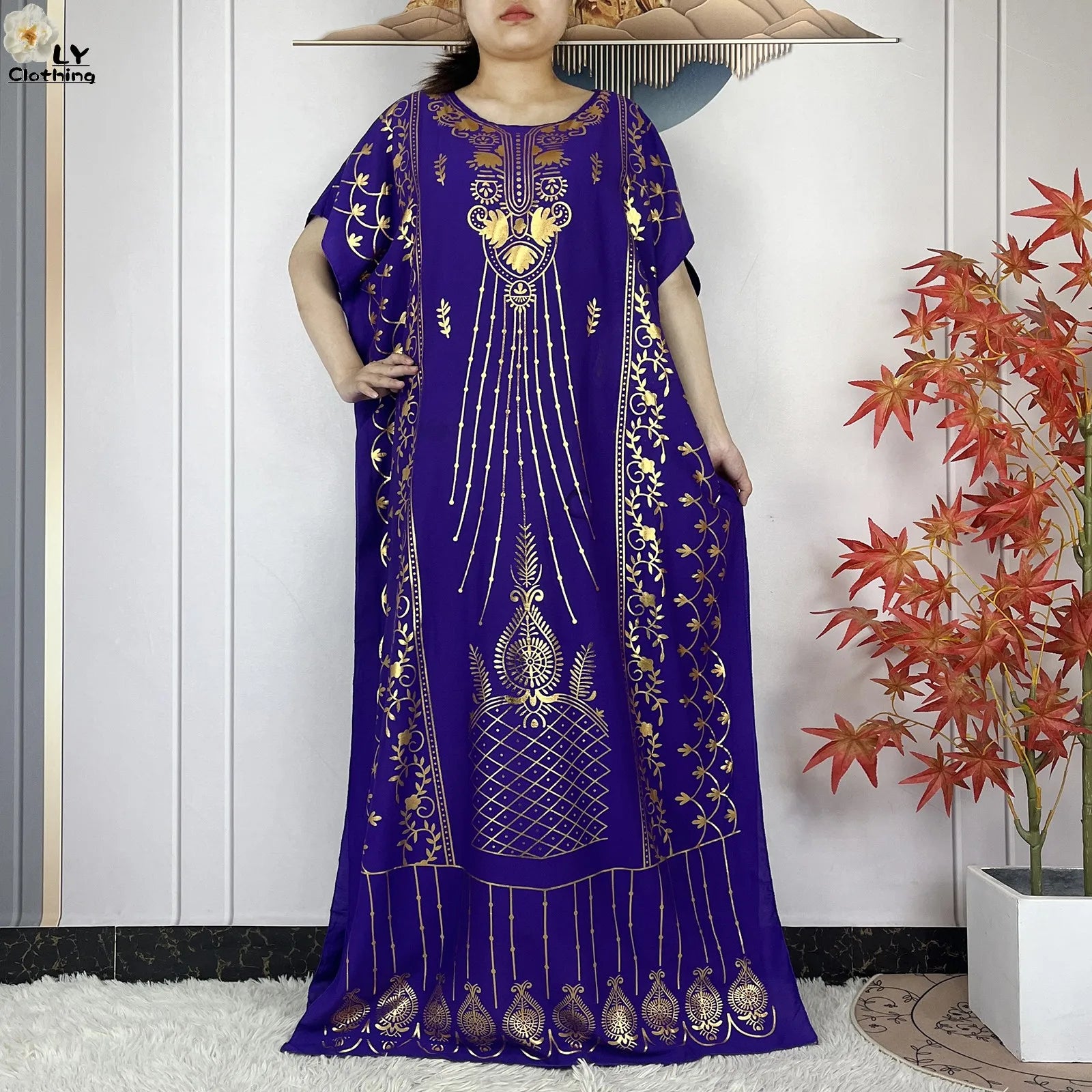 2023 New Muslim Summer Short Sleeve Robe Gold Stamping Boubou Maxi Women Femme Loose Dress With Big Scarf African Abaya Clothes.